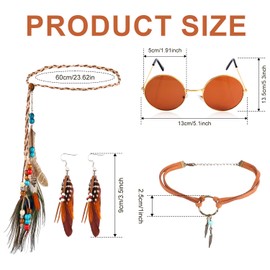 5pcs 60s 70s Hippie Costume Set for Women, Hippie Costumes Clothes with Tassel Vest Sunglasses Necklace Earrings Feather Woven Headband Hippie Costume Accessories Set (XL)
