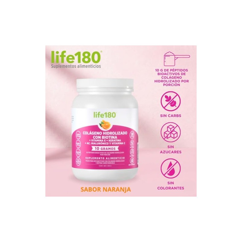 Life180 Colágeno Hidrolizado Biotina Vitamina Sabor Naranja 333g