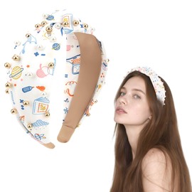 Luixenir Fashion White Top Knotted Headband Fabric Hairband with School Prints & Pearls Non Slip Wide Headbands Hair Accessories for Teachers Students