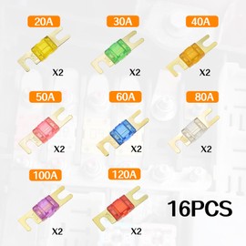 Huoflame MIDI Car Fuse Pack of 16 - Screwable High Current Fuses 32V 20/30/40/50/60/80/100/120 Amp - Colour Coded Car Fuses for Car, Truck, Motorhome, Construction Vehicles, Caravans