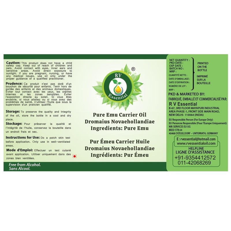 R V Essential Pure Emu Carrier Oil 30ml (1.01oz)- Dromaius