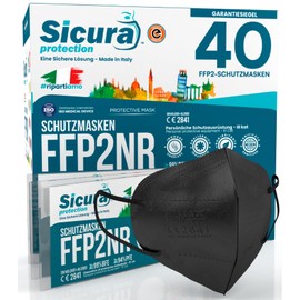 40 FFP2 mask, black, CE certified, made in Italy with black elastics, BFE ≥99%, sanitised and sealed, CE marking, printed with clean effect.