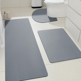 Ultra Thin Non-Slip Bath Rug Fit Under Door 3 Piece, Ultra Absorbent Bath Mat, Quick Dry & Machine Washable Bathroom Rugs,Rubber Backing Carpet Mats for Bathroom, Bathtub & Kitchen, Grey