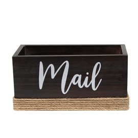 Elegant Designs HG2036-DWD Homewood Farmhouse Rustic Wood Decorative Mail Holder, Bills, Letter Storage, Sorter w Wrapped Rope, Cutout Handles w Mail White Script for Décor, Desk, Office, Dark Wood