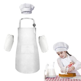 EIYVUAL Children's Apron and Chef's Hat Set, Adjustable Children's Cooking Apron, Children's Apron for Painting, Apron, Kitchen Apron, Craft Aprons with Pockets for Cooking, Baking, Painting, 7-13