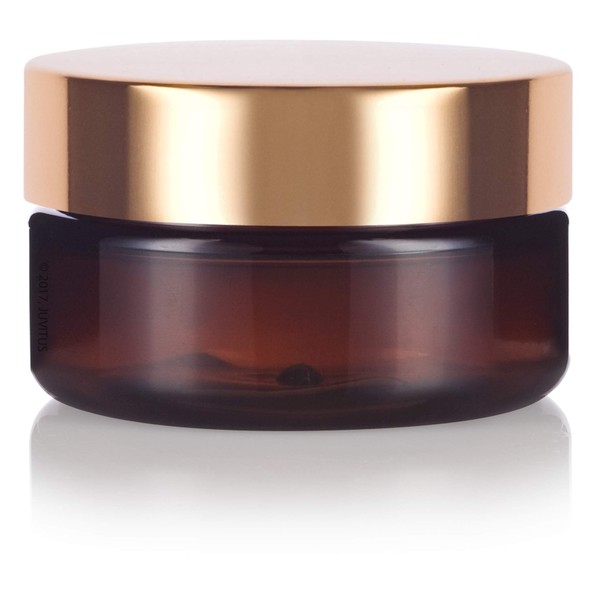 JUVITUS Amber PET Plastic (BPA Free) Refillable Low Profile Jar with Gold Metal Overshell Lid - 2 oz (24 Pack)