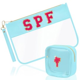 BuyCard - 2 bolsas de viaje transparentes de chenilla, con cierre, bolsa de maquillaje de PVC y nailon con cierre, bolsa de aseo de viaje impermeable 