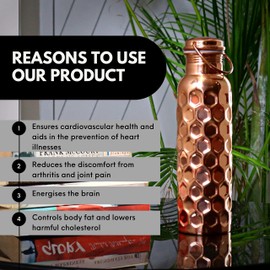 Craft Trade Copper Water Bottle 34 Oz Leak Proof Joint Less Indian Ayurvedic Hammered Honeycomb Copper Vessel Health Benefit Water Drinking Antique Sports Water Bottle