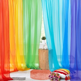 PONY DANCE 7 Pieces Rainbow Sheer Curtains - Colorful Backdrop Bright Drape Set for Playroom,Nurseries,Party,Red,Orange,Yellow,Green,Cyan,Blue,Purple,52x84 inch Length