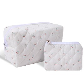 LYDZTION 2Pcs Cute Quilted Makeup Bag for Women, Coquette Cherry Cotton Purse Pouch, Aesthetic Travel Essentials Storage for Lipstick Brushes