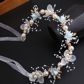 OCOUYVD Blue Flower Crown for Women with Pearl, Adjustable Floral Headpiece Handmade Hair Accessory Photo Pops Handband Floral Crown for Wedding Festival Party Birthday