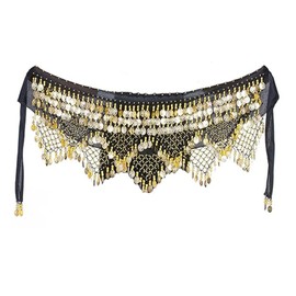 Women's Professional Zumba Belly Dance Belt Chiffon Hip Scarf Dance Cloth Coin Scarf Belt Skirts, black