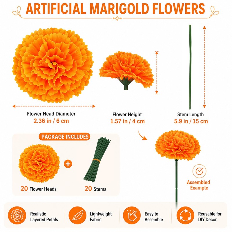 20PCS Orange Marigold Flowers with Stems -Wreath Day of The