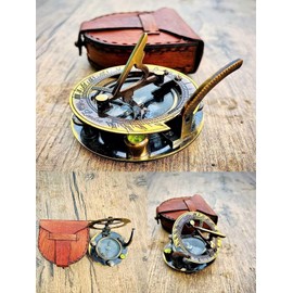 Vintage Sundial Compass for Hiking & Camping with Case Antique Style Brass Compass Maritime Navigation Direction Compass Collectible Gift Item by INTERIO GIFTS