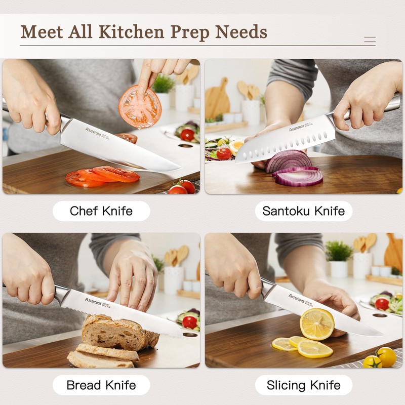 Astercook Knife Set Kitchen with Block and Sharpener Full Tang