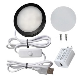MoKongFu Black Finish Under Cabinet Puck Light 3W Mounted LED Ceiling Light with 120V Wall Plug Power Adapter On Off Switch 1.5 Meters Black Cords (Warm White 3000K)