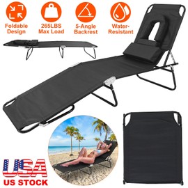 Camping Chair Folding Beach Lounge Chair Face Down Tanning Chaise Sunbathing Recliner 265LBS Max Load with 5-Angle Backrest 3 Removable Pillows for Beach Pool Lawn Yard Patio Office Nap Camping