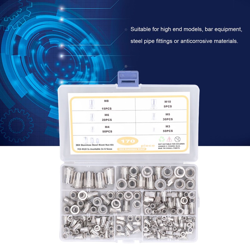 170pcs M3‑M10 304 Stainless Steel Rivet Nuts Durable Flat Head