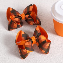 Fall Checkered Plaid Ribbon Hair Bows Clip 4.3" for Teen Toddler Girls Happy Fall Give Thanks Day Cheer Barrette Alligator Hairpins Autumn Party Outfit Decor Accessories Gift