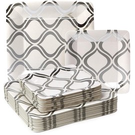 Elegant Square White & Silver Moroccan Paper Plate Set (36 Pcs.) - Includes Dinner & Side Plates - Perfect for Weddings, Birthday Parties, & Special Events