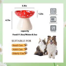 VEEKI Raised Cat Food Bowls, Wide Shallow 5.9"" Whisker Friendly Ceramic Cat Bowl, Protecting Pet's Spine - Microwave & Dishwasher Safe (Red)