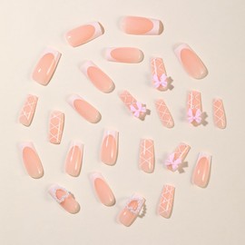 24 Pcs Press on Nails Medium Square,LINMEIZAI White French Fake Nails Press ons Nail Tips Glue on Nails Full Cover Acrylic Nail Art Kit False Nails with Pearl Heart Bow Charms Design for Women