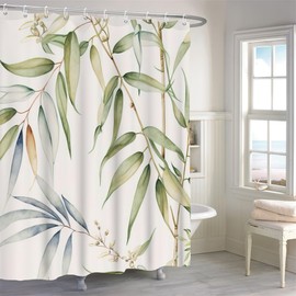 Uiiooazy Shower Curtain Bamboo Shower Curtain Green Leaves Plant Motif Shower Curtains Anti Mould Waterproof Polyester Fabric Washable Opaque Bathroom Curtain with 12 Hooks for Bathroom 180 W x 220 H