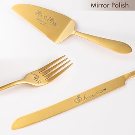 Juego de corte de pastel dorado VARLKA para boda, juego de cuchillo y servidor para pastel de boda, juego de 4 cortadores de pastel y servidor de tarta para regalos de boda de Mr. y Mrs. (dorado)