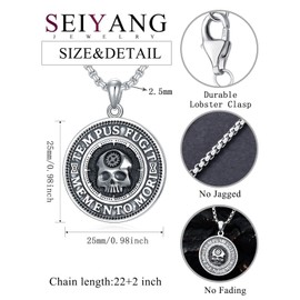 Seiyang Memento Mori Necklace 925 Sterling Silver Skull Coin Pendant Gothic Tree of Life Charm Amor Fati Jewelry Reminder Death Gift for Men Women