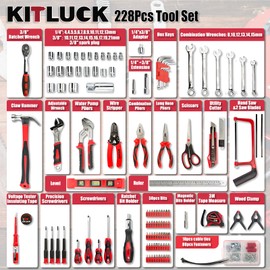 KITLUCK 228-piece Home Tool Kit, Household Hand Repair Tool Set for men, Portable Tool box Set with Tools (Screwdriver, Wrench, Plier, Socket, Harmer, Hex Key, Rule, Saw, Knife, etc.) for Home and Car