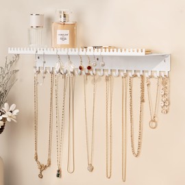 Josmimic Necklace Holder Wall Hanging Organizer: Wall Mounted Jewelry Shelf with 56 Hooks and Tray, Display Hanger for Kids, Girls and Women, White & Metal