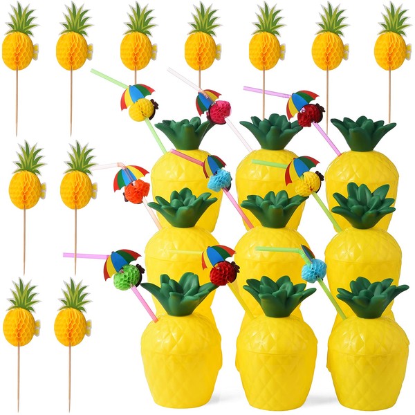 ALINK 12 Pineapple Cups with 12 Umbrella Straws and 12