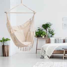 ALIMORDEN Oversized Hammock Chair Hanging Rope Swing with 2 Cushions and Hardware Kit, Metal Foldable Spreader Bar, Large Macrame Hanging Chair with Pocket for Superior Comfort, Beige