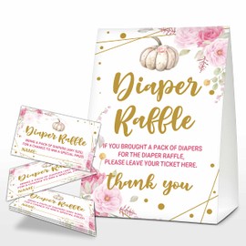 Fall Thanksgiving Diaper Raffle Sign, Blush Pink Boho Floral Baby Shower Game, Little Pumpkin Diaper Raffle Tickets, Autumn Baby Shower Decorations For Boys Girls - (1 Sign + 50 Guessing Cards) - 02