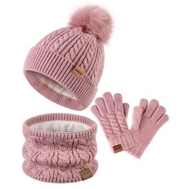 Kids Winter Hat Gloves Scarf Set,Girls Hats Beanie with Pom Knit Neck Warmer Gaiter Mittens Fleece Lined,Girls Accessories Cold Weather Set for Toddler Children Boys（Pink）