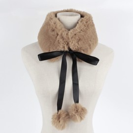 Felice Ann Women's Fall Winter Warm Soft Faux Fur Collar Self Tie Warp Neck Warmer Scarf, Khaki 2in Lengthen, One Size