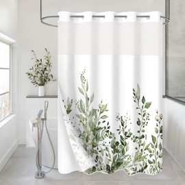 Gibelle No Hook Eucalyptus Shower Curtain with Snap-in Fabric Liner Set, Hotel Style Olive Green Plant Leaves Double Shower Curtain with See Through Top Window, Waterproof & Washable, 72x74