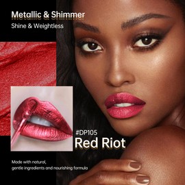 Depuplum Red Lipsticks for Women Metallic Lipstick Long Lasting Non Stick Cup Lip Gloss, Metal Shine Lightweight Hydrating Full Coverage Lip Color, DP105 Red Riot