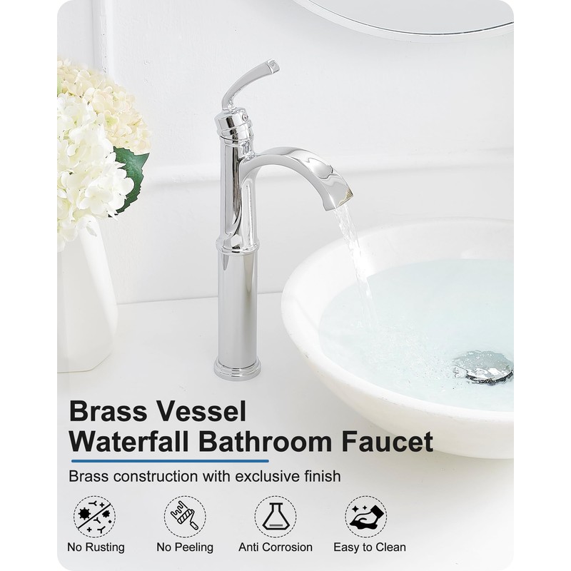 HEYMYTAP Tall Waterfall Bathroom Faucet Chrome, Single Handle Brass Vessel