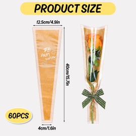 FYSUIMU 60 Pcs Valentine's Day Kraft Single Flower Wrapping Bags Clear Floral Bouquet Cellophane Sleeves Brown Paper Florist Packaging Supplies for Wedding Graduation Mother's Day (BE HAPPY EVERYDAY)