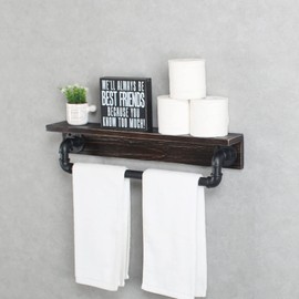MBQQ Industrial Pipe Shelf,Rustic Wall Shelf with Towel Bar,24" Farmhouse Towel Racks for Bathroom,Floating Shelves Wall Mounted Home Decor Wooden Shelving,Retro Black