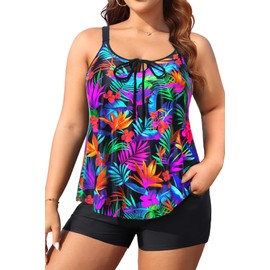 Daci Colorful Leaves Women Plus Size Tankini Swimsuit - 2 Piece Flowy Plus Size Bathing Suits and Shorts with Pockets 2025 24 Plus