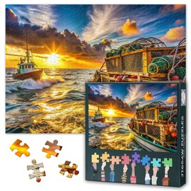 Ocean Jigsaw Puzzle for Adults Maritime Sunset Scene 1000 Piece Puzzles Challenging but Fun Warm Hues Sky and Fishing Boats Collectible Puzzle for Wall Art Decor Funny for Family Night(27.5x19.7In)
