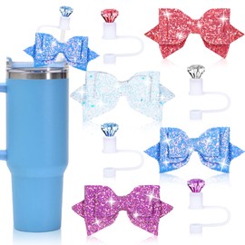 Whaline 8Pcs Bow Ties and Diamond Straw Topper Colorful Diamond Silicone Reusable Drinking Straw Tips Cover for 0.4in Straws, 40/30/20 Oz Cup Accessories