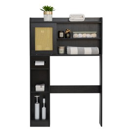 SUNTAGE 6Tier Over The Toilet Storage Cabinet, Freestanding Above Toilet Space Saver Rack w/Adjustable Shelves, Sliding Door, Multifunctional Over Toilet Organizer for Bathroom (Black)