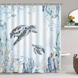 ZCHOMI Sea Turtle Shower Curtain for Bathroom Jellyfish Coral Teal Blue Ocean Beach Coastal Bathroom Curtain Waterproof Polyester Fabric Bath Curtain 72 x 72 Inch with 12 Hooks