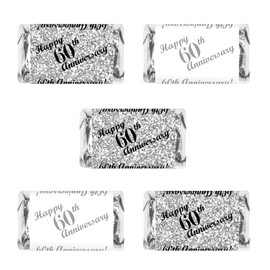 60th Anniversary Miniatures Candy Bar Wrapper, (Set of 60) Mini Candy Chocolate Bar Stickers; Silver and White, Candy Not Included