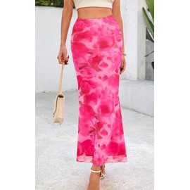PRETTYGARDEN Women's Floral Print Mesh Long Skirt High Waisted Bodycon Fishtail Flowy Summer Maxi Skirts for Women Trendy (Floral Pink, Small)