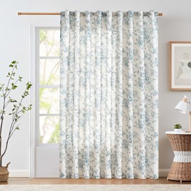 jinchan Linen Floral Curtains Extra Wide for Patio Sliding Glass Door Room Divider Curtain for Living Room 84 Inch Length Farmhouse Peony Blue Printed Curtain Set 1 Panel