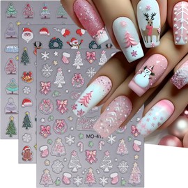 3Pcs Christmas Nail Stickers - 5D Self Adhesive Pink Xmas Tree, Snowman, Snowflake, Santa Claus, Elk Embossed Design Winter Nail Art Stickers